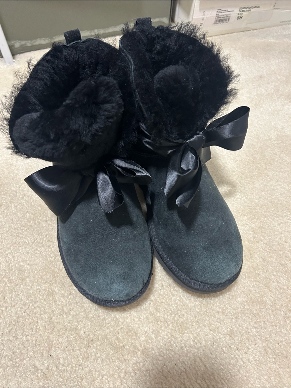 UGG Black Suede Ankle Boots with Faux Fur Cuff & Satin Bow